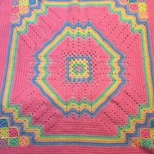 Vintage 1970s Hand Crocheted Afghan Blanket Pink Pastel Rainbow Granny Square